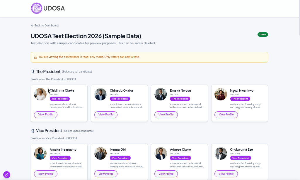 An election page showing positions and the candidates standing for each
