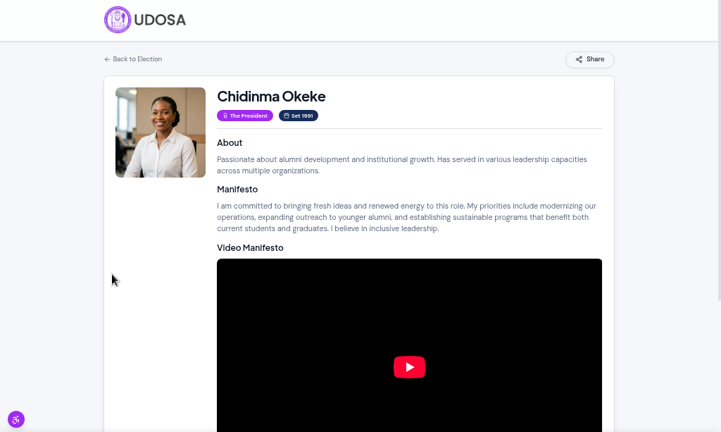 A candidate profile showing their photo, bio, manifesto and social links