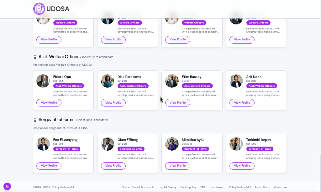 The voting interface showing candidate selection for multiple positions