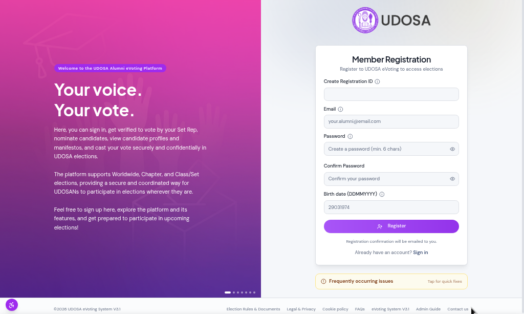 The registration page showing fields for Registration ID, email, password and date of birth